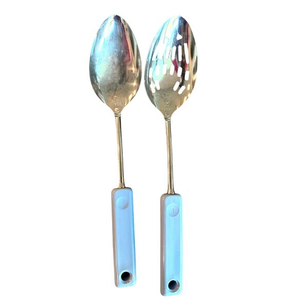 Vintage 12" Ekco USA Serving Spoon Set Solid & Slotted Light Blue Handle Kitchen - Picture 1 of 10